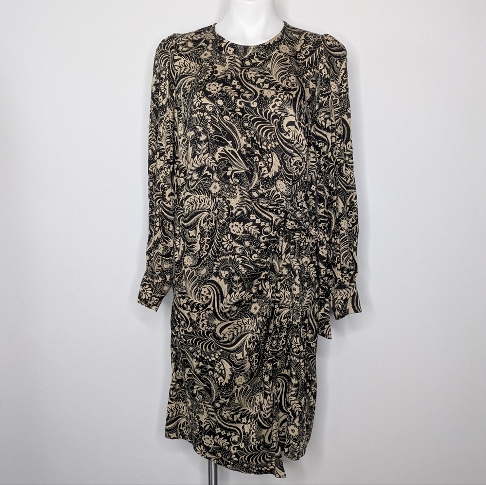 Boden Black Tan Floral Long Sleeve Side Bow Dress 10L